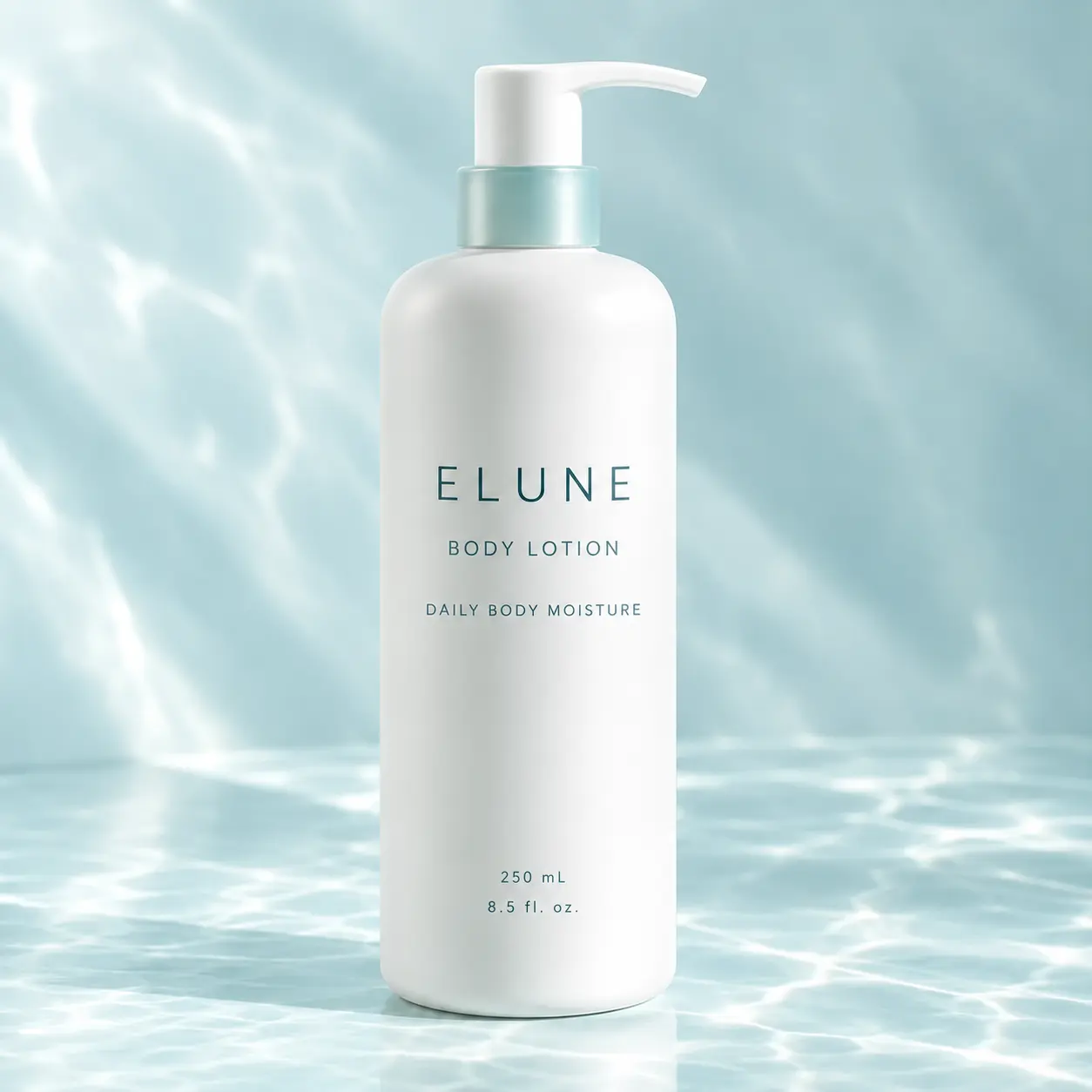 ELUNE body lotion in a tall white pump bottle with turquoise branding
