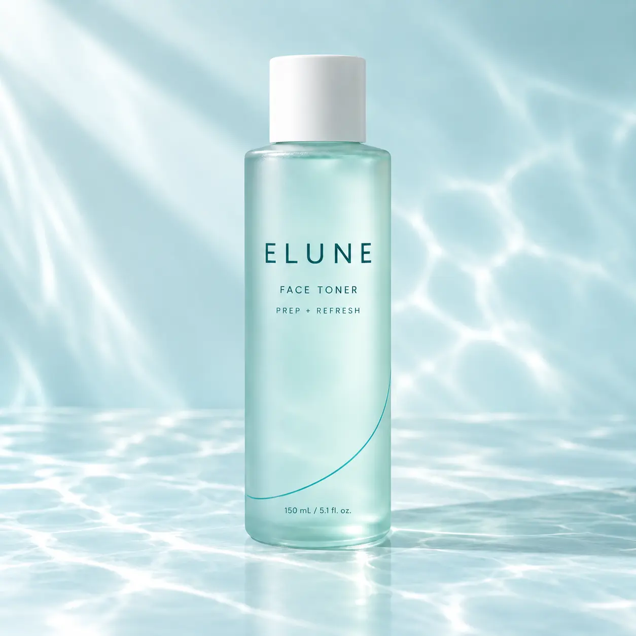 ELUNE face toner in a tall frosted aqua bottle with a white screw cap