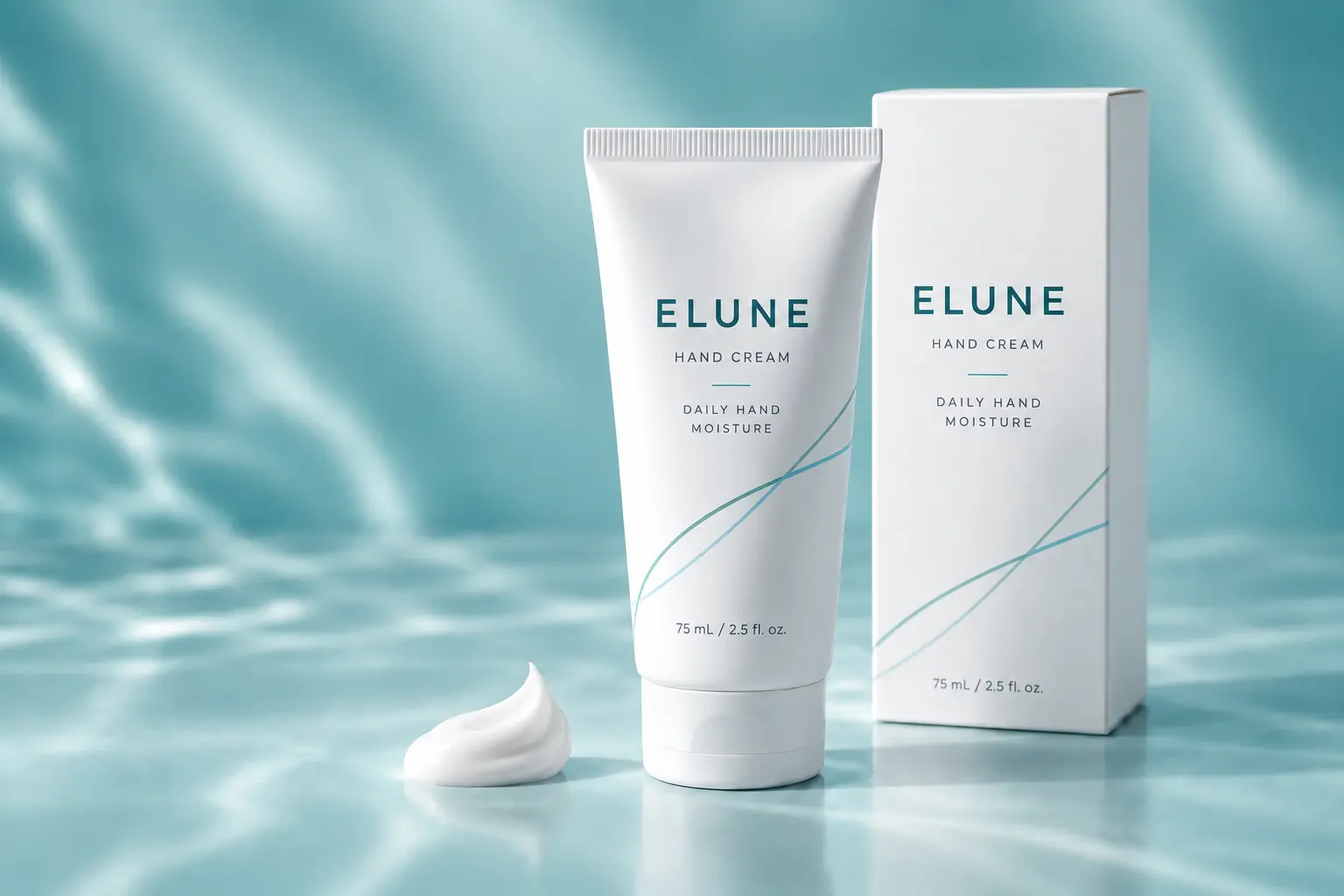 ELUNE original hand cream tube and carton with turquoise accents