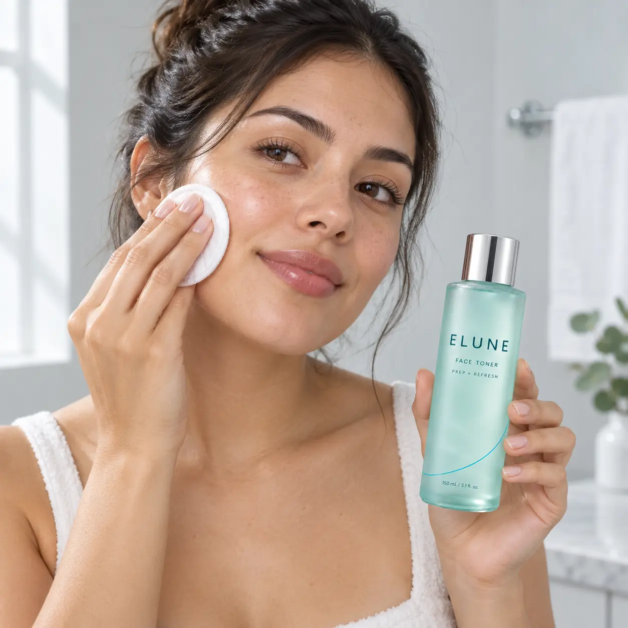 Woman pressing toner onto her cheek while holding ELUNE Face Toner