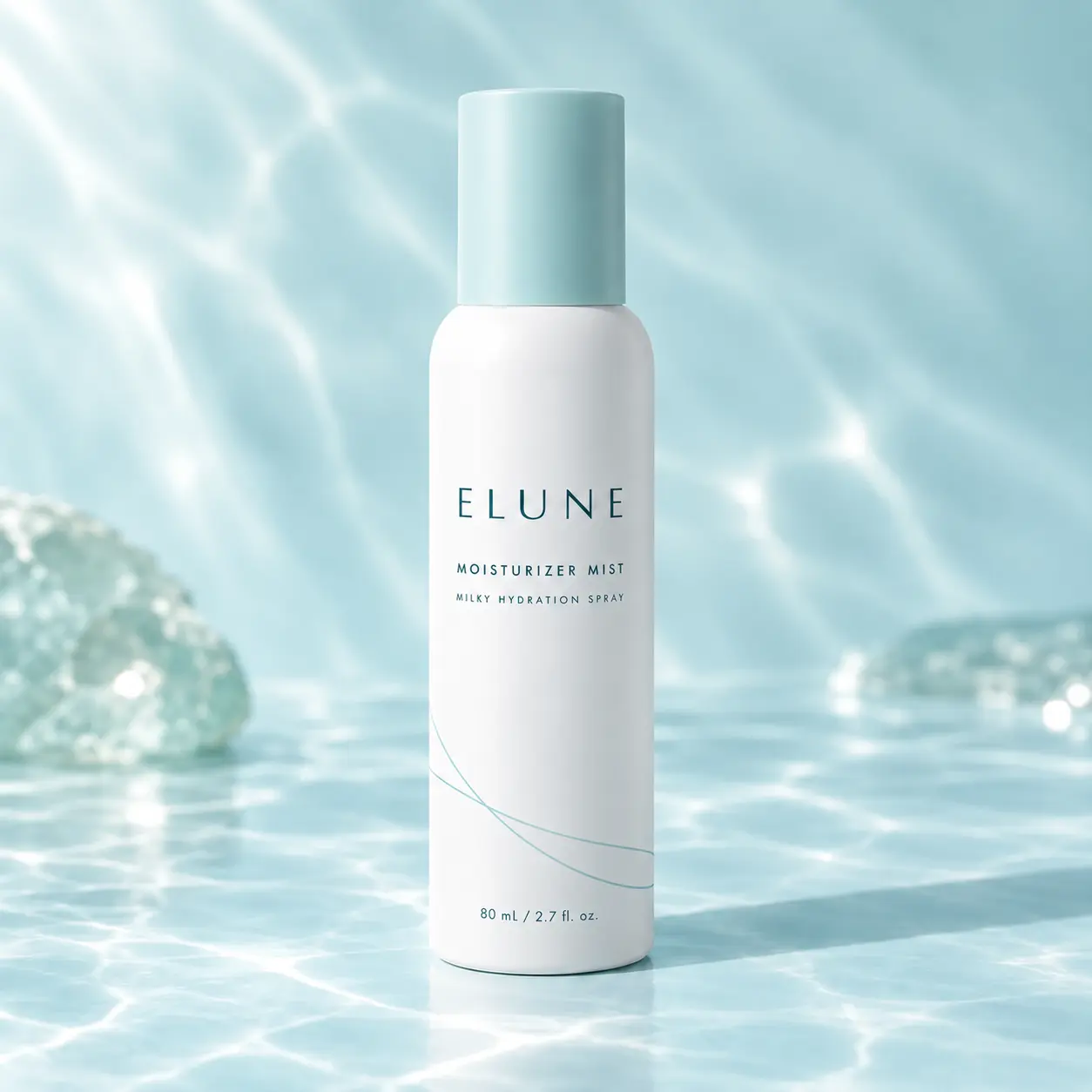 ELUNE moisturizer mist in an opaque white spray bottle with a pale aqua cap