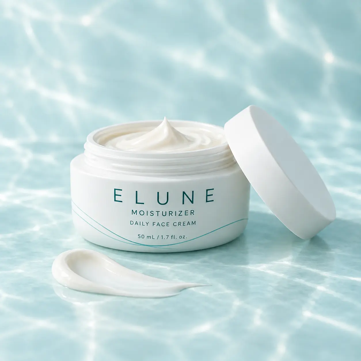 ELUNE white moisturizer jar and lid beside a soft cream swatch