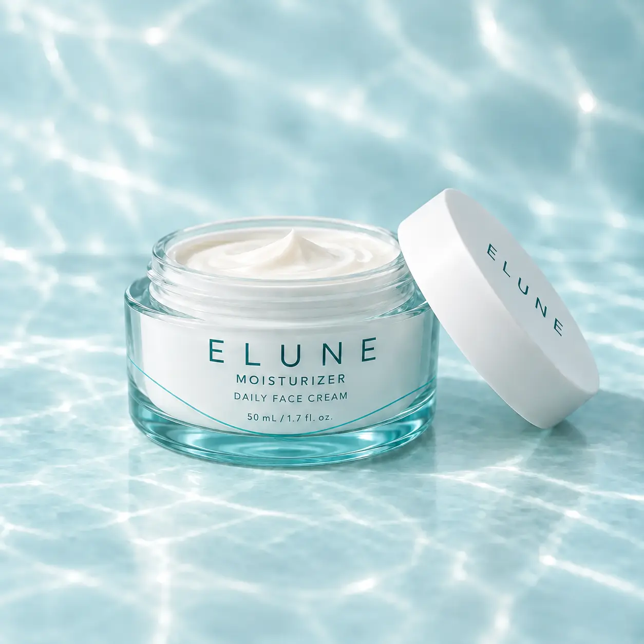 ELUNE Moisturizer in a clear aqua glass jar with a branded white lid and no silver rim