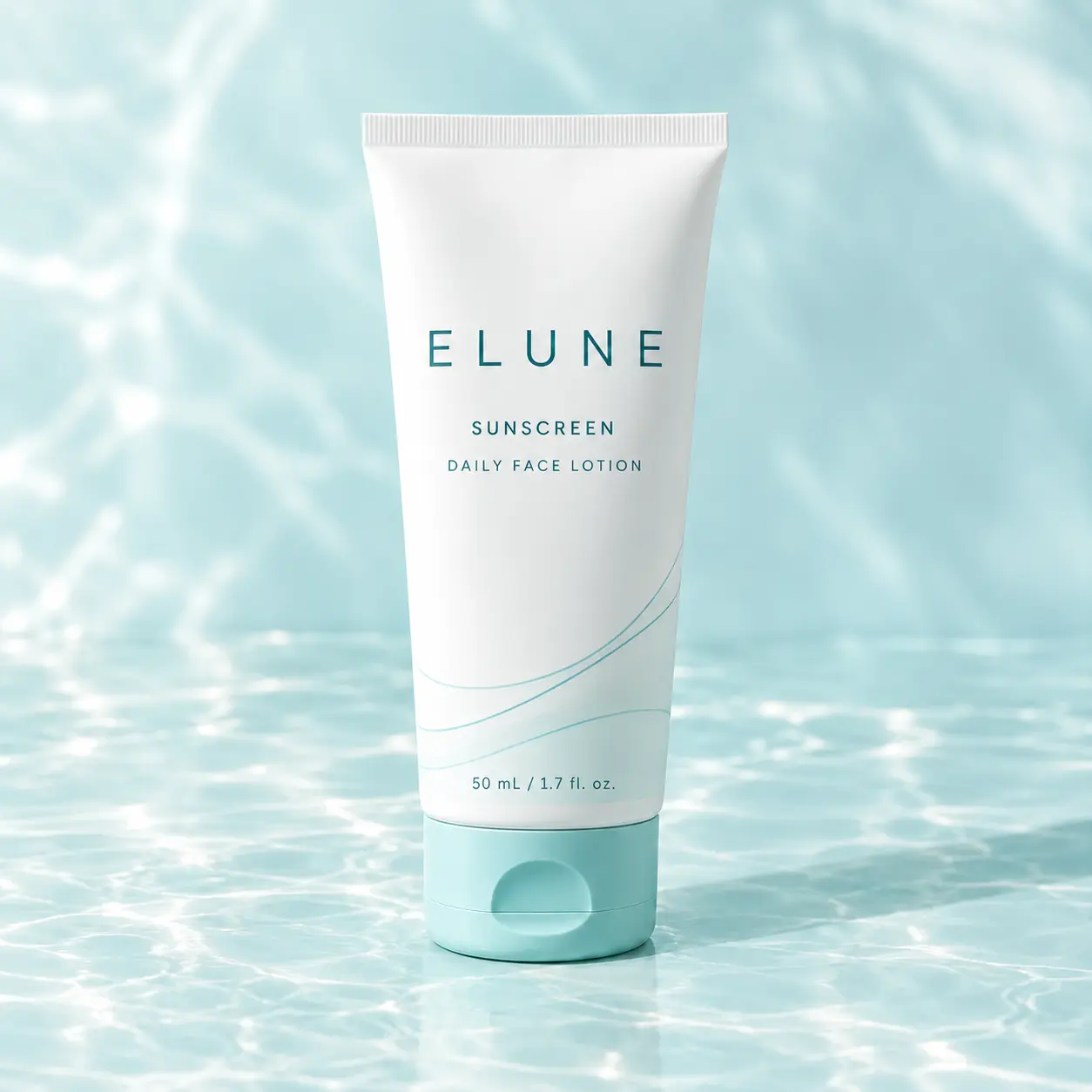 ELUNE sunscreen concept in a matte white tube with a pale turquoise accent, without an SPF rating